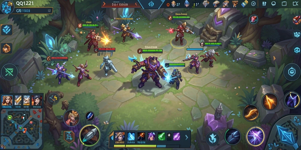 Tampilan gameplay seru di QQ1221 dengan aksi MOBA yang intens.