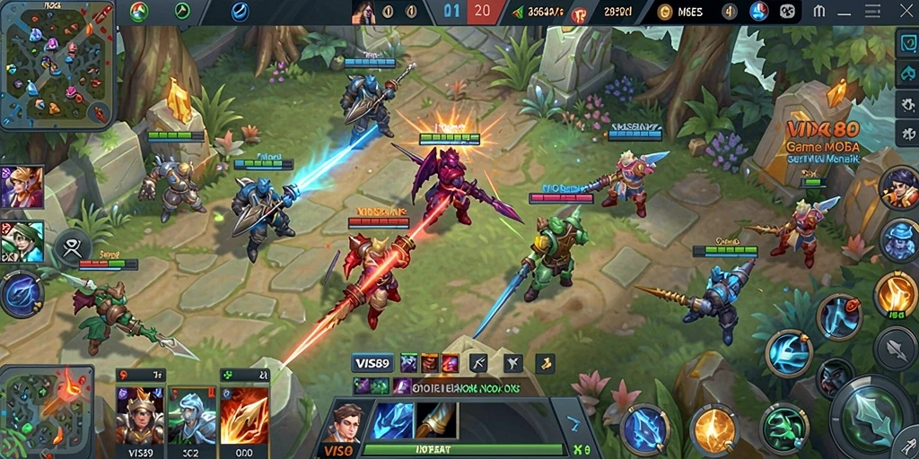 Screenshot gameplay VISA89 menampilkan aksi pertempuran seru di arena MOBA.